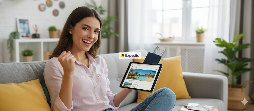 A mobile phone screen showing a successful Expedia booking confirmation with a green 'Promo Code Applied' message and savings highlighted, thanks to SaveByCoupons.