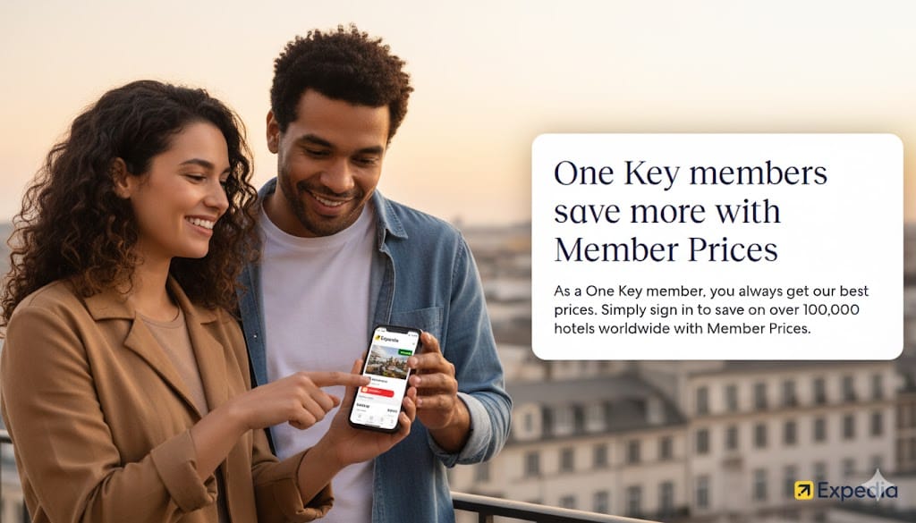 Illustration showing an Expedia booking with two discounts applied: a One Key Member Price and a separate coupon code from SaveByCoupons, for maximum savings.