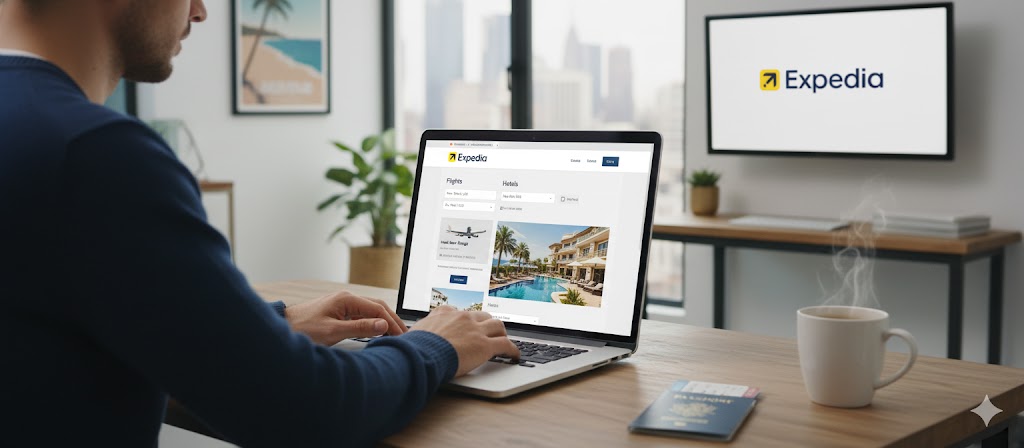 A laptop showing an Expedia booking page with a successful Expedia coupon codes applied from SaveByCoupons, displaying a discount.