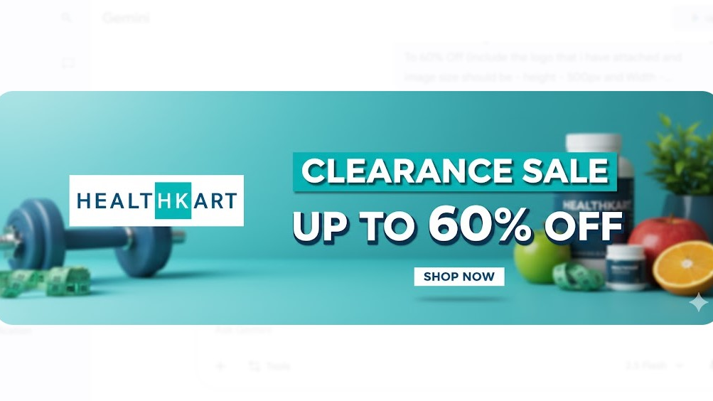 HealthKart Clearance Sale banner showing up to 60% off deals curated by SaveByCoupons.